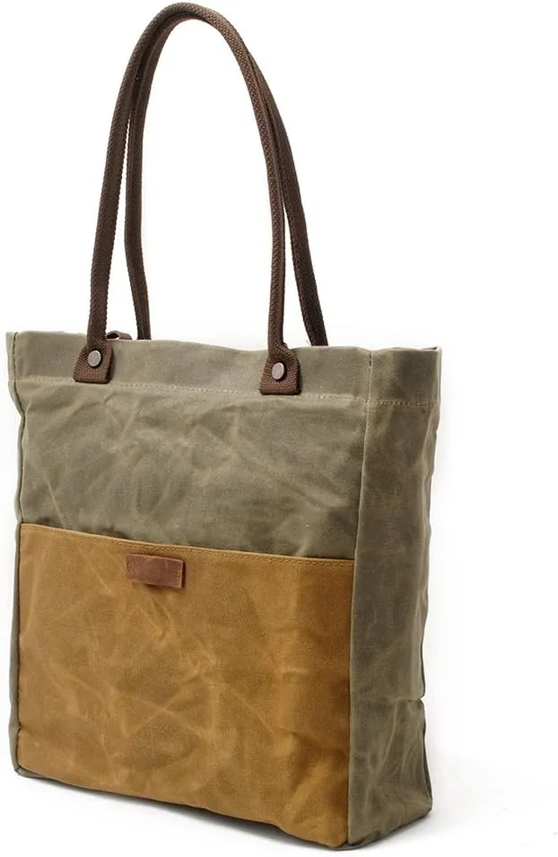 Women's Waxed Canvas Tote Bag with Genuine Leather Trim, Water-Repellent Shoulder Purse for Work & Travel, Fits 14" Laptop