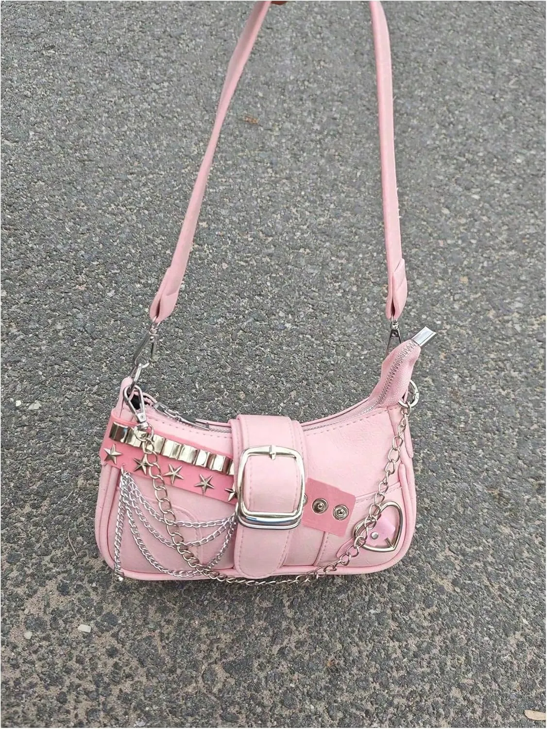 Women's Y2k Chain Shoulder Bag Lightweight Zipper PU Leather Handbag Cute Purses