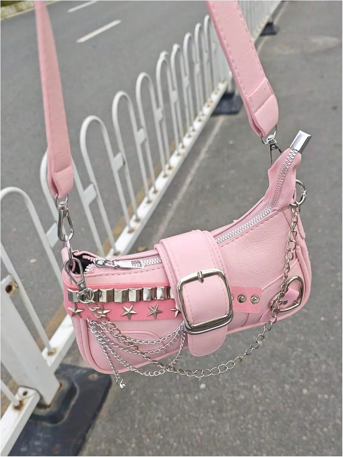 Women's Y2k Chain Shoulder Bag Lightweight Zipper PU Leather Handbag Cute Purses