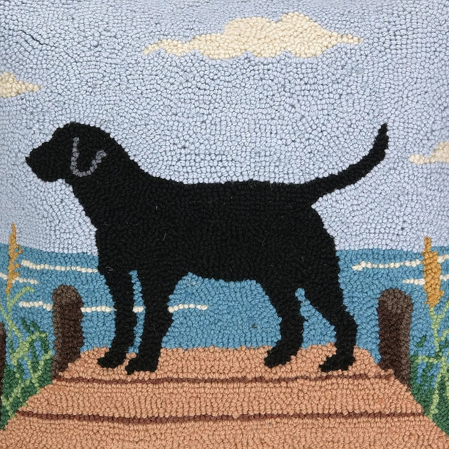 Wool Hook Pillow Shoppe Decorative Pillow, Square, Black Lab on Dock