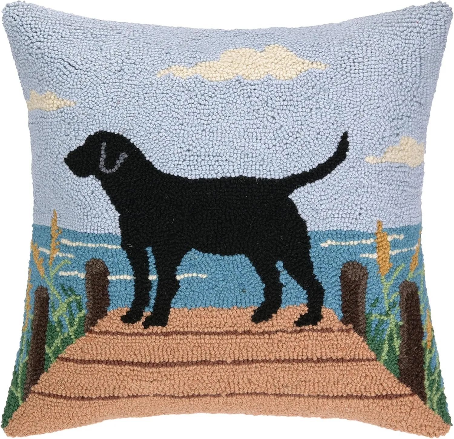 Wool Hook Pillow Shoppe Decorative Pillow, Square, Black Lab on Dock