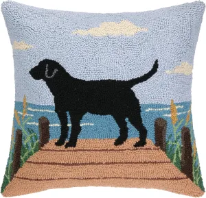 Wool Hook Pillow Shoppe Decorative Pillow, Square, Black Lab on Dock
