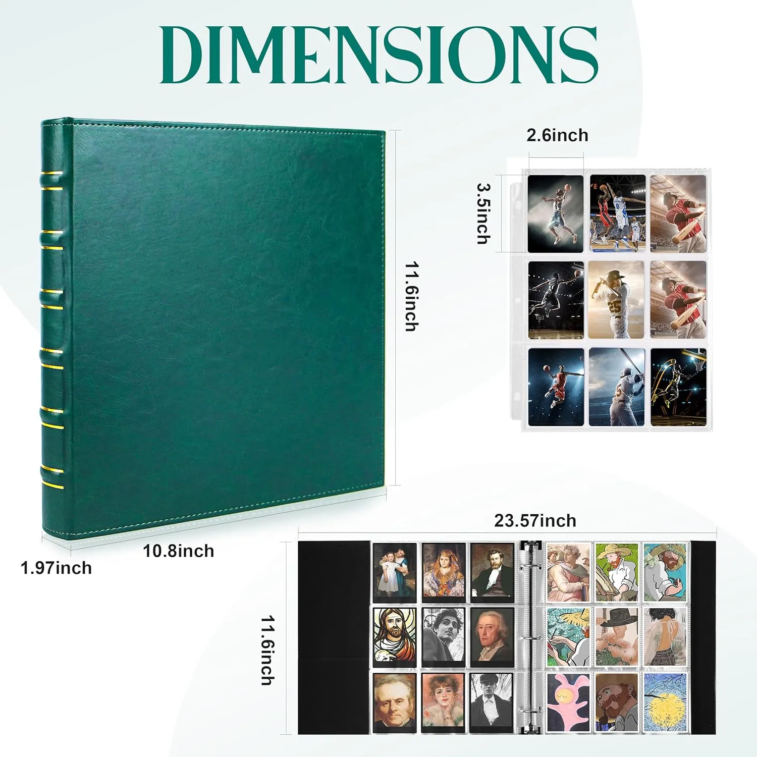 WOT I Deluxe Trading Card Binder, 540 Pockets Collectible Card Binder Sleeves, Refillable Leather 3 Ring Binder with Double Sided Pockets for Holding Cherished Cards - Green