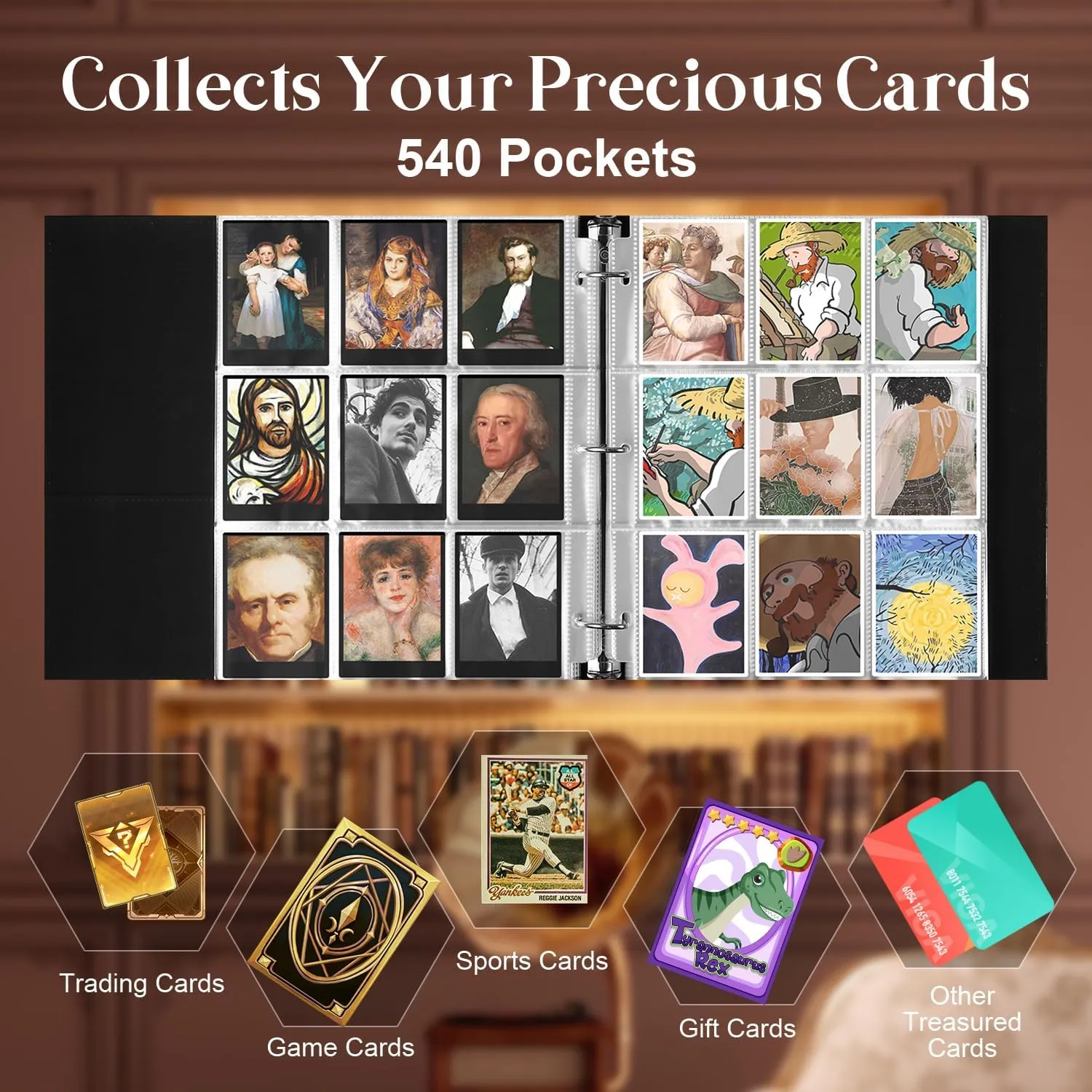 WOT I Deluxe Trading Card Binder, 540 Pockets Collectible Card Binder Sleeves, Refillable Leather 3 Ring Binder with Double Sided Pockets for Holding Cherished Cards - Green