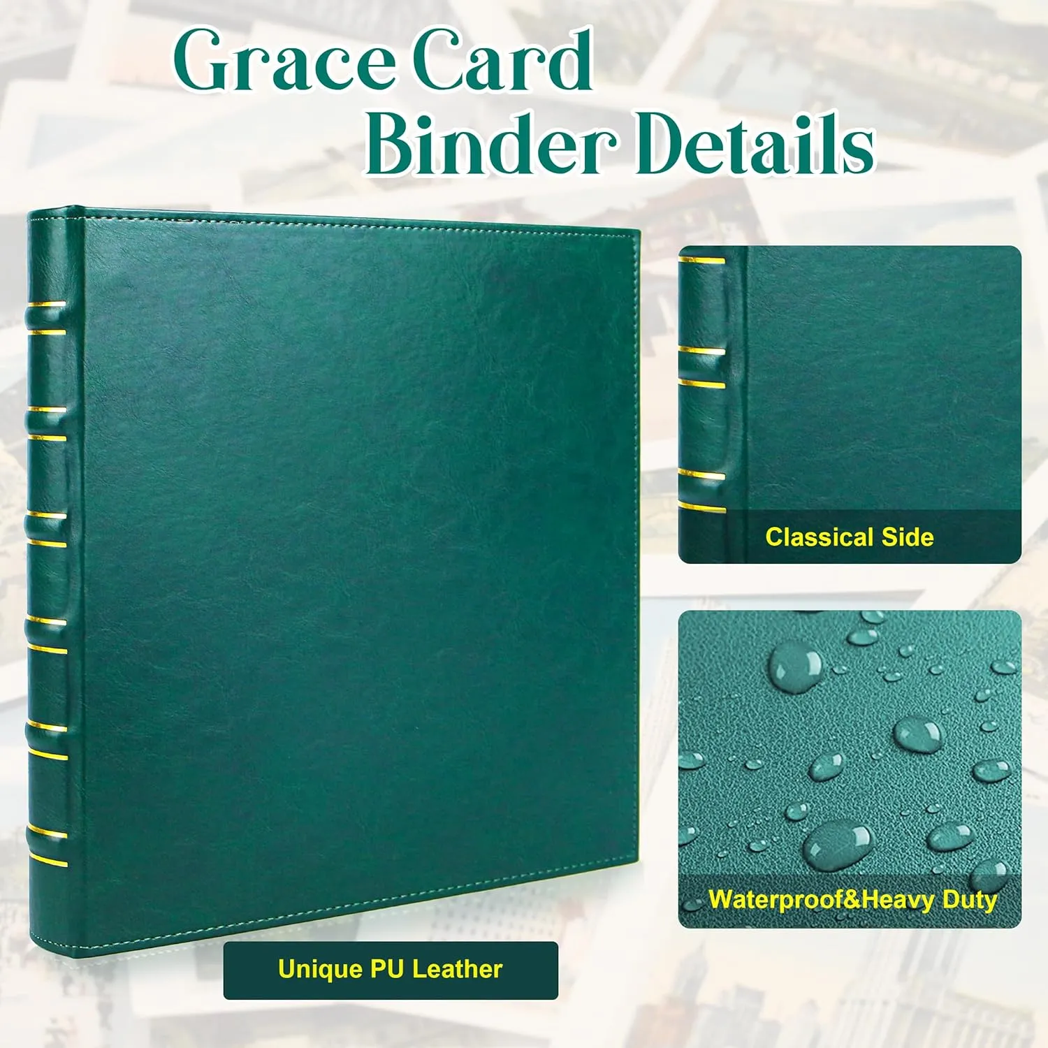WOT I Deluxe Trading Card Binder, 540 Pockets Collectible Card Binder Sleeves, Refillable Leather 3 Ring Binder with Double Sided Pockets for Holding Cherished Cards - Green