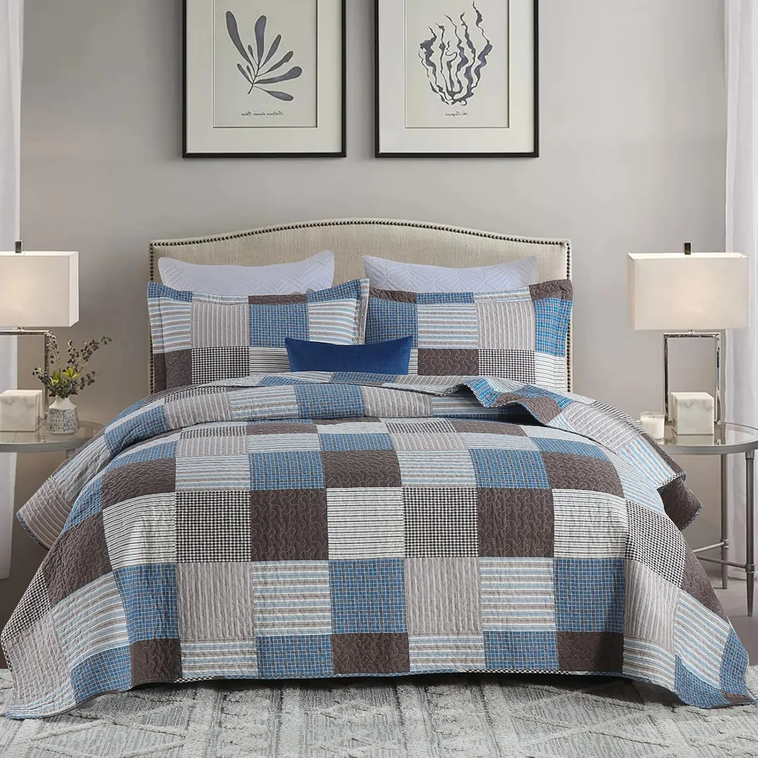 Y-PLWOMEN Plaid Quilt King Size - 100% Cotton Farmhouse King Quilt with 2 Pillow Shams, Lightweight Breathable Quilted Bedspreads Bedding Set, Blue Brown, King(98 * 106 Inch)