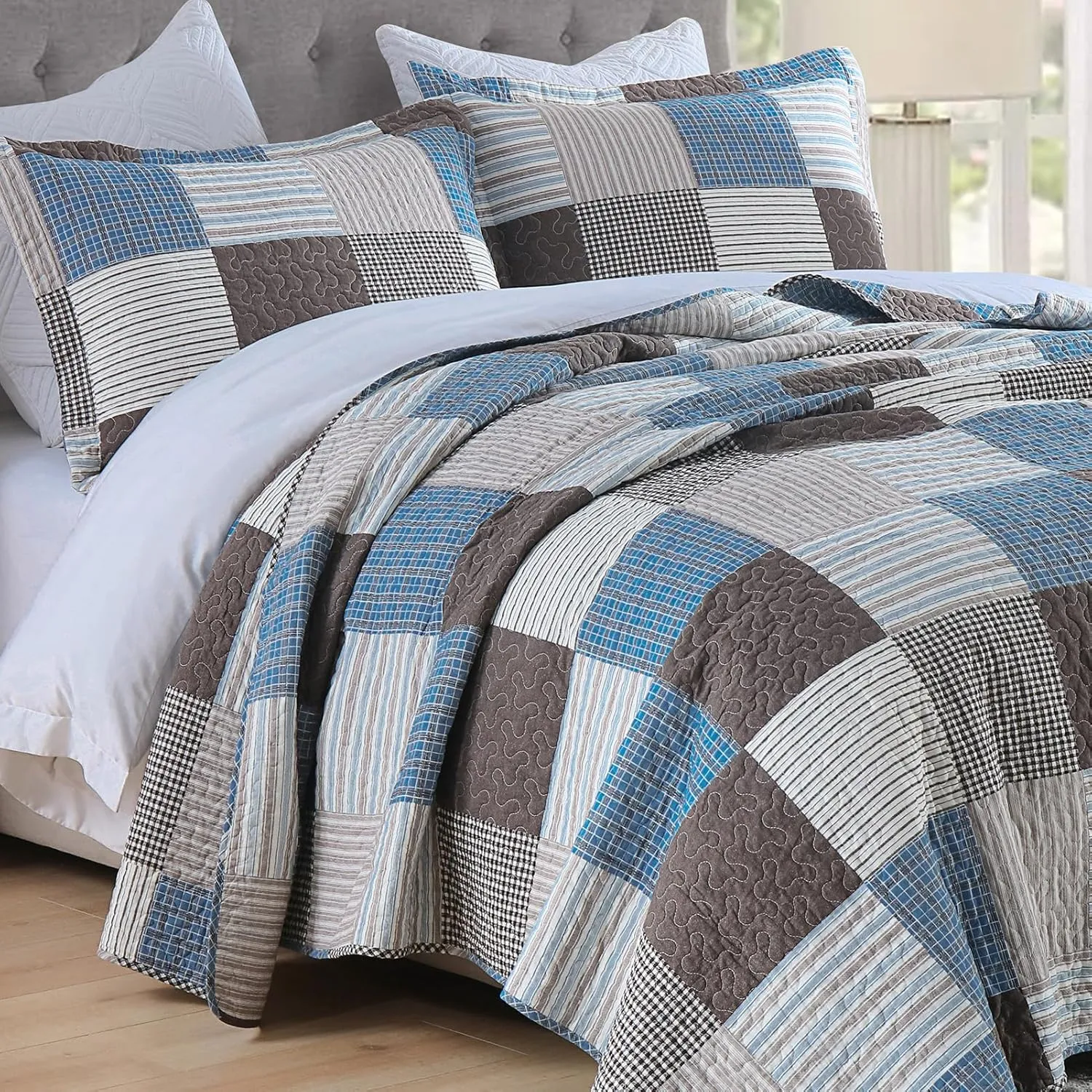Y-PLWOMEN Plaid Quilt King Size - 100% Cotton Farmhouse King Quilt with 2 Pillow Shams, Lightweight Breathable Quilted Bedspreads Bedding Set, Blue Brown, King(98 * 106 Inch)