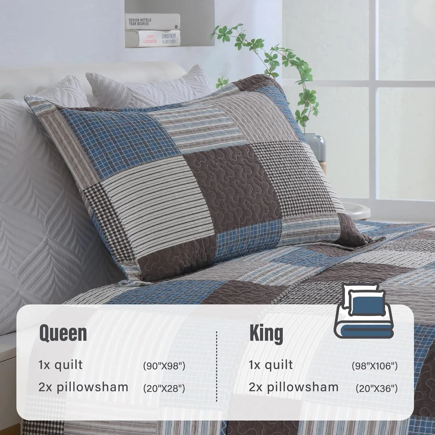 Y-PLWOMEN Plaid Quilt King Size - 100% Cotton Farmhouse King Quilt with 2 Pillow Shams, Lightweight Breathable Quilted Bedspreads Bedding Set, Blue Brown, King(98 * 106 Inch)