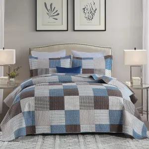 Y-PLWOMEN Plaid Quilt King Size - 100% Cotton Farmhouse King Quilt with 2 Pillow Shams, Lightweight Breathable Quilted Bedspreads Bedding Set, Blue Brown, King(98 * 106 Inch)