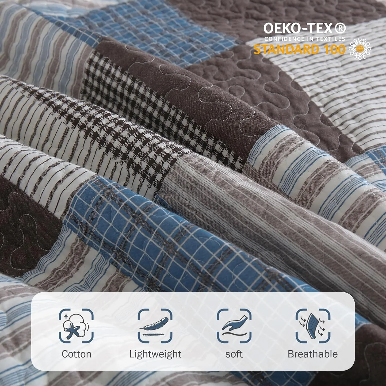 Y-PLWOMEN Plaid Quilt King Size - 100% Cotton Farmhouse King Quilt with 2 Pillow Shams, Lightweight Breathable Quilted Bedspreads Bedding Set, Blue Brown, King(98 * 106 Inch)