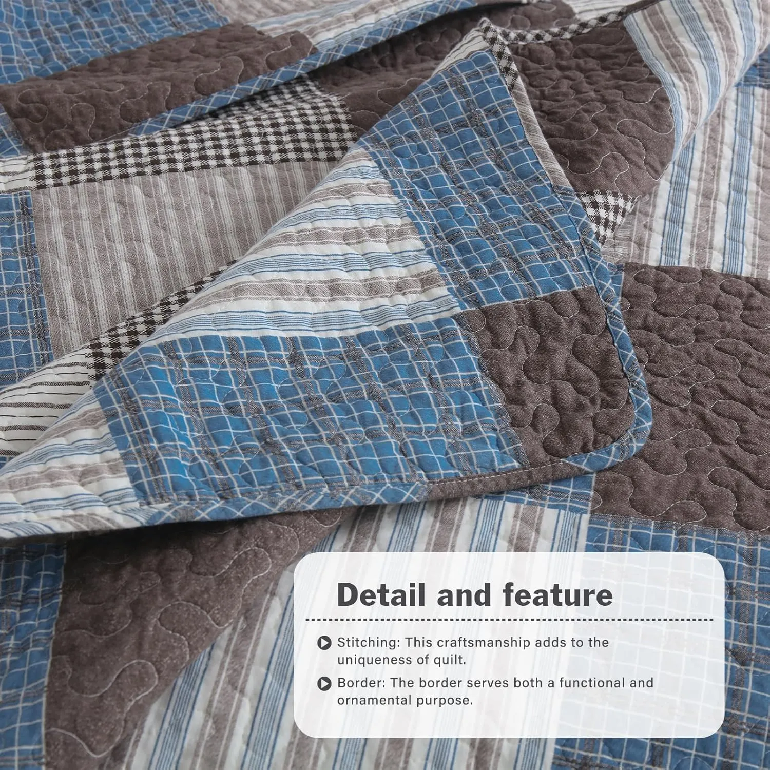 Y-PLWOMEN Plaid Quilt King Size - 100% Cotton Farmhouse King Quilt with 2 Pillow Shams, Lightweight Breathable Quilted Bedspreads Bedding Set, Blue Brown, King(98 * 106 Inch)