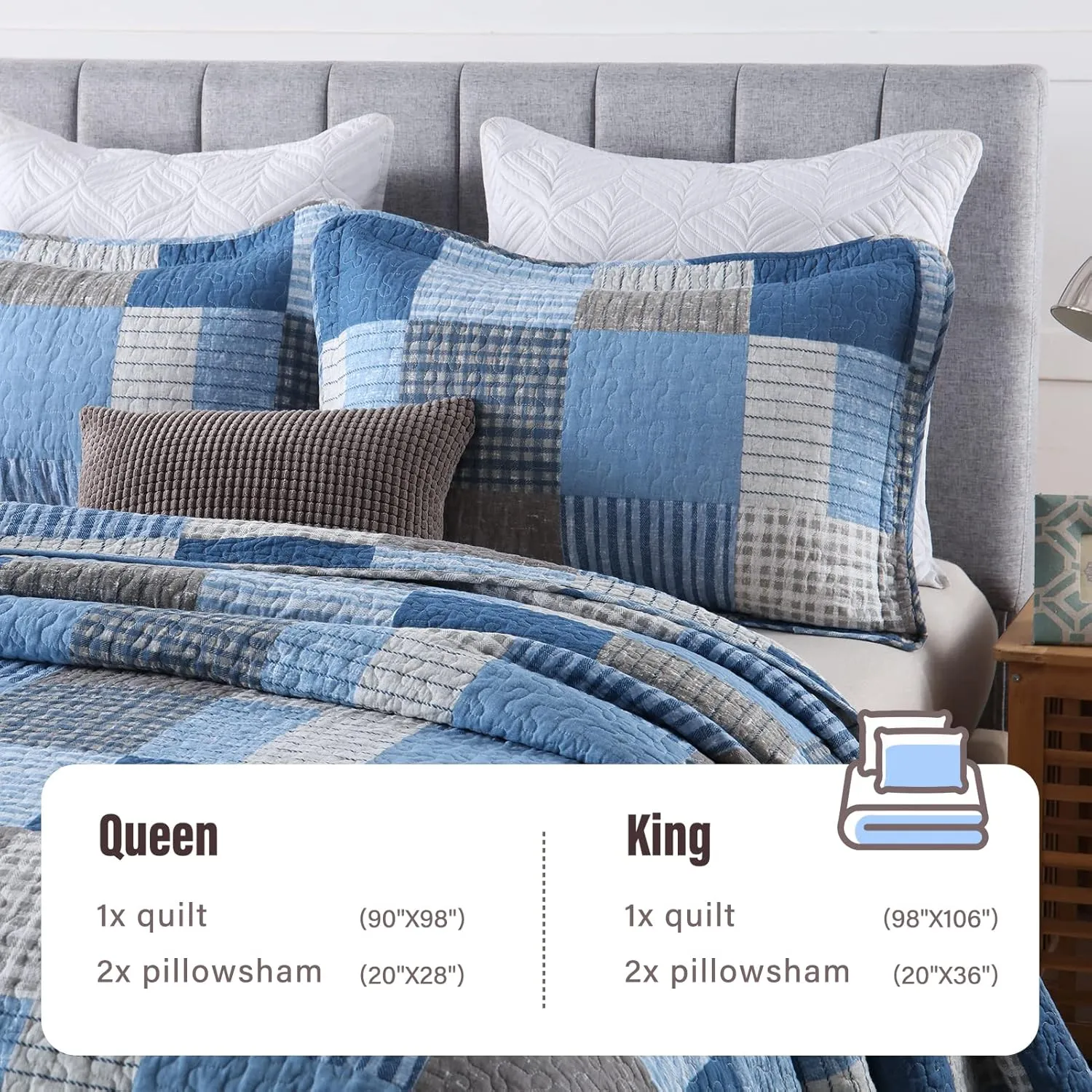 Y-PLWOMEN Plaid Quilt King Size - 100% Cotton Farmhouse King Quilt with 2 Pillow Shams, Lightweight Breathable Quilted Bedspreads Bedding Set, Blue Navy, King(98 * 106 Inch)
