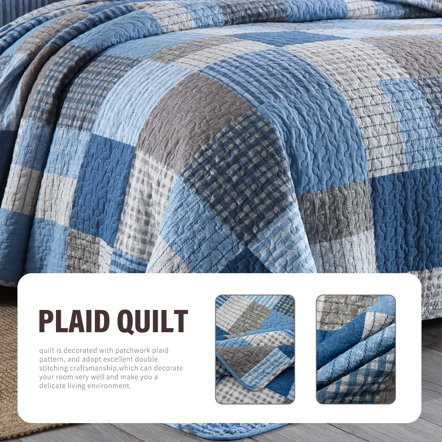 Y-PLWOMEN Plaid Quilt King Size - 100% Cotton Farmhouse King Quilt with 2 Pillow Shams, Lightweight Breathable Quilted Bedspreads Bedding Set, Blue Navy, King(98 * 106 Inch)