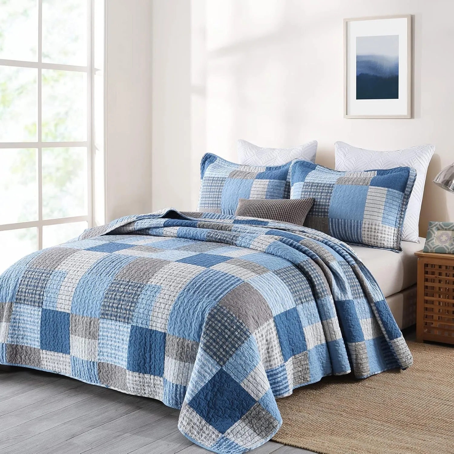 Y-PLWOMEN Plaid Quilt King Size - 100% Cotton Farmhouse King Quilt with 2 Pillow Shams, Lightweight Breathable Quilted Bedspreads Bedding Set, Blue Navy, King(98 * 106 Inch)