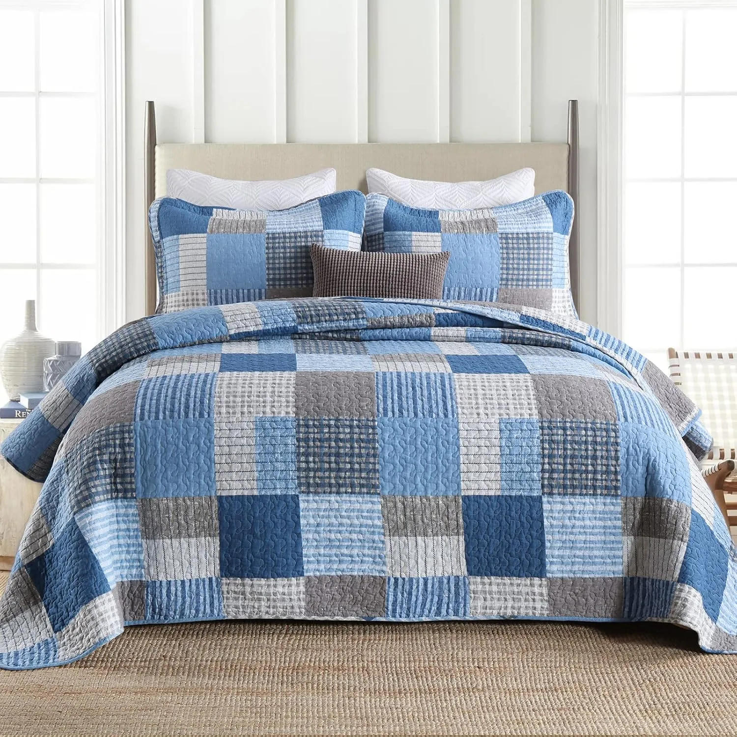 Y-PLWOMEN Plaid Quilt King Size - 100% Cotton Farmhouse King Quilt with 2 Pillow Shams, Lightweight Breathable Quilted Bedspreads Bedding Set, Blue Navy, King(98 * 106 Inch)