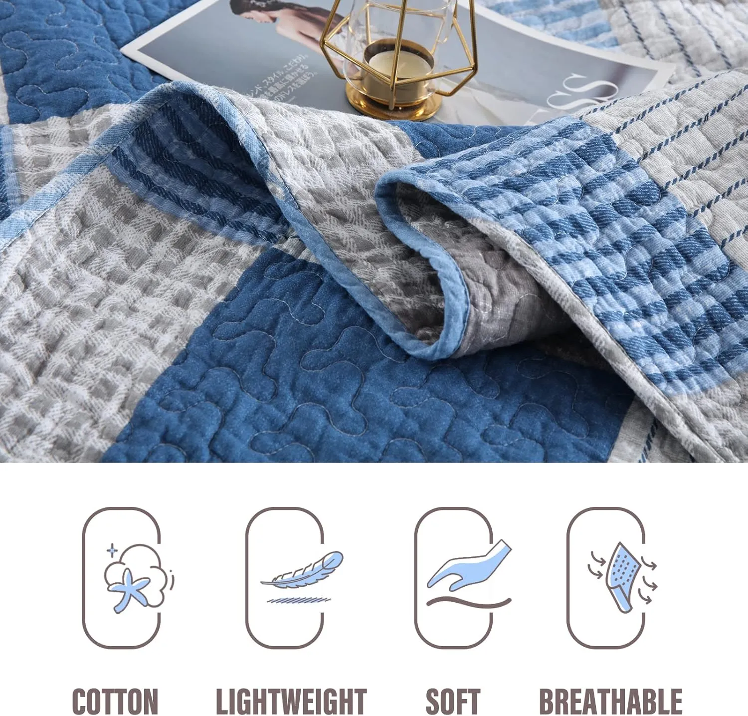 Y-PLWOMEN Plaid Quilt King Size - 100% Cotton Farmhouse King Quilt with 2 Pillow Shams, Lightweight Breathable Quilted Bedspreads Bedding Set, Blue Navy, King(98 * 106 Inch)