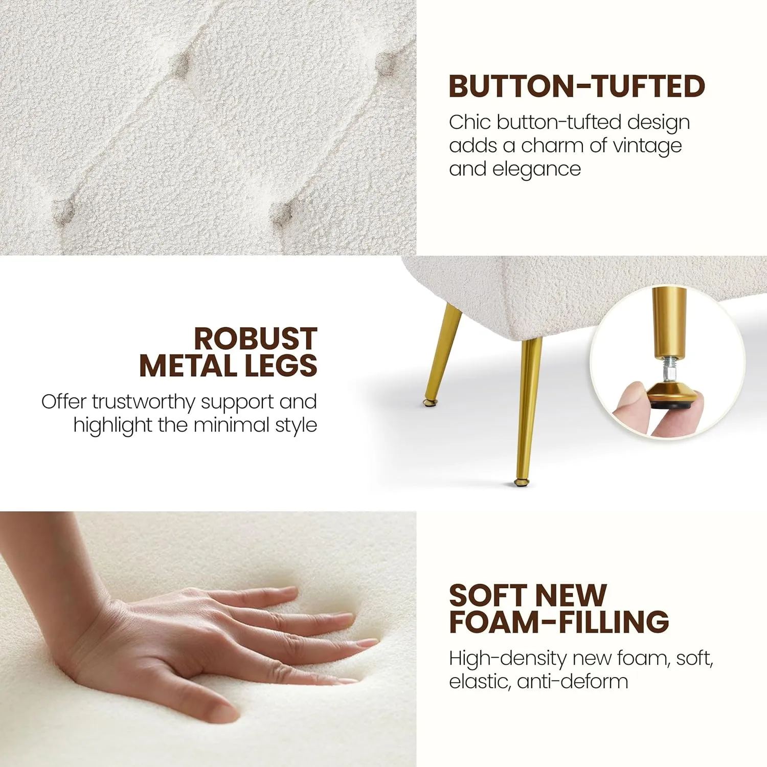 Yaheetech Modern Ottoman Bench Boucle Bench Upholstered Footrest for Living Room with Gold Metal Legs and Padded Seat Ivory
