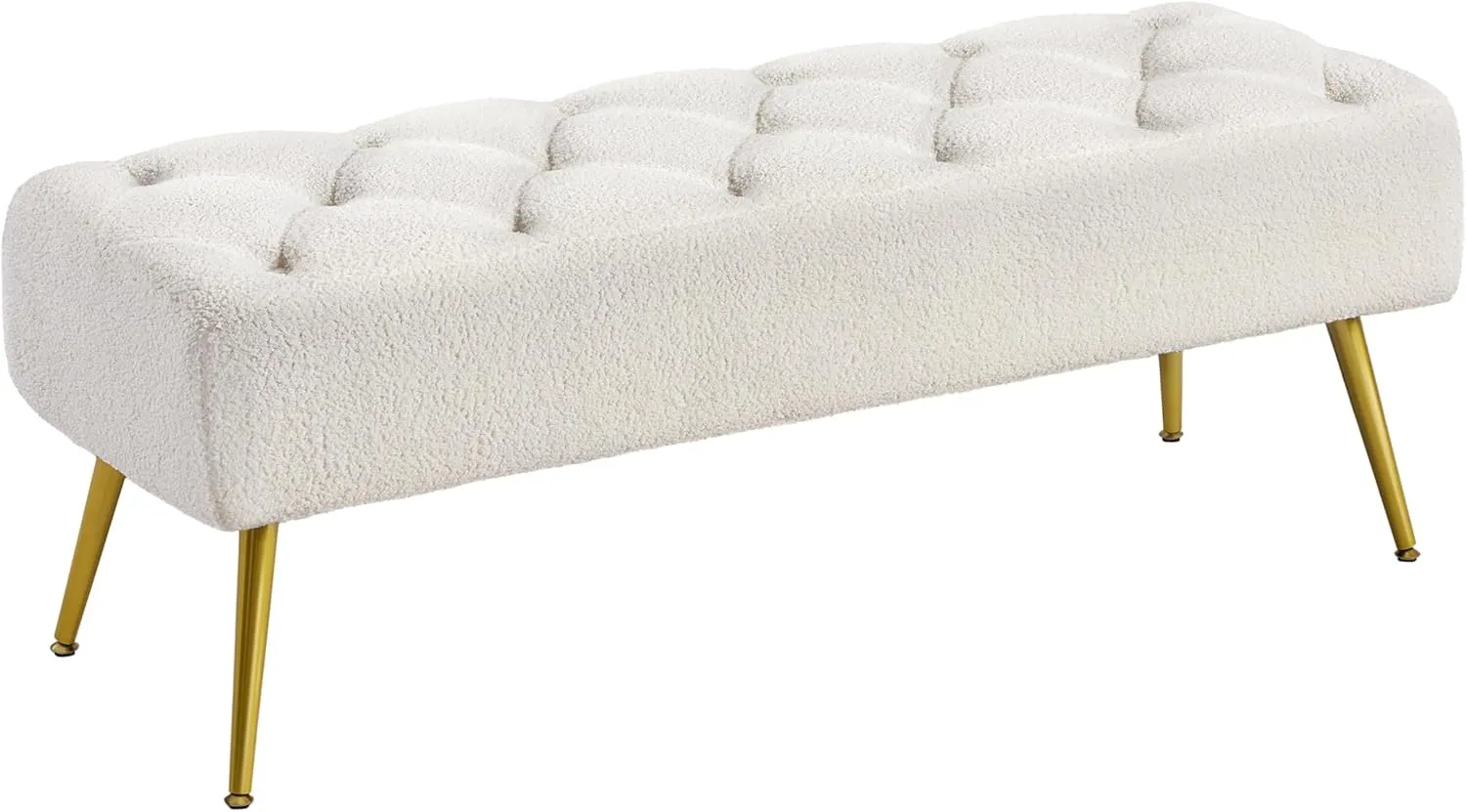 Yaheetech Modern Ottoman Bench Boucle Bench Upholstered Footrest for Living Room with Gold Metal Legs and Padded Seat Ivory