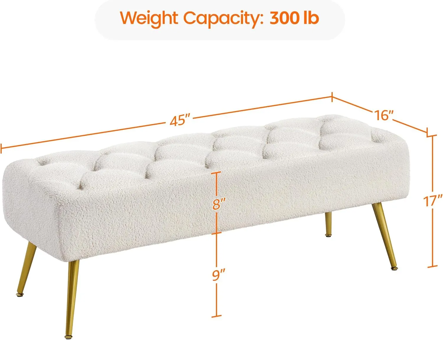 Yaheetech Modern Ottoman Bench Boucle Bench Upholstered Footrest for Living Room with Gold Metal Legs and Padded Seat Ivory