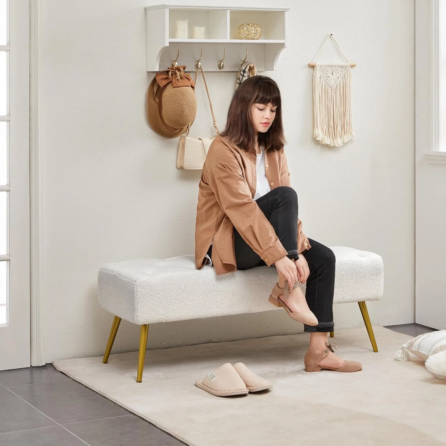 Yaheetech Modern Ottoman Bench Boucle Bench Upholstered Footrest for Living Room with Gold Metal Legs and Padded Seat Ivory