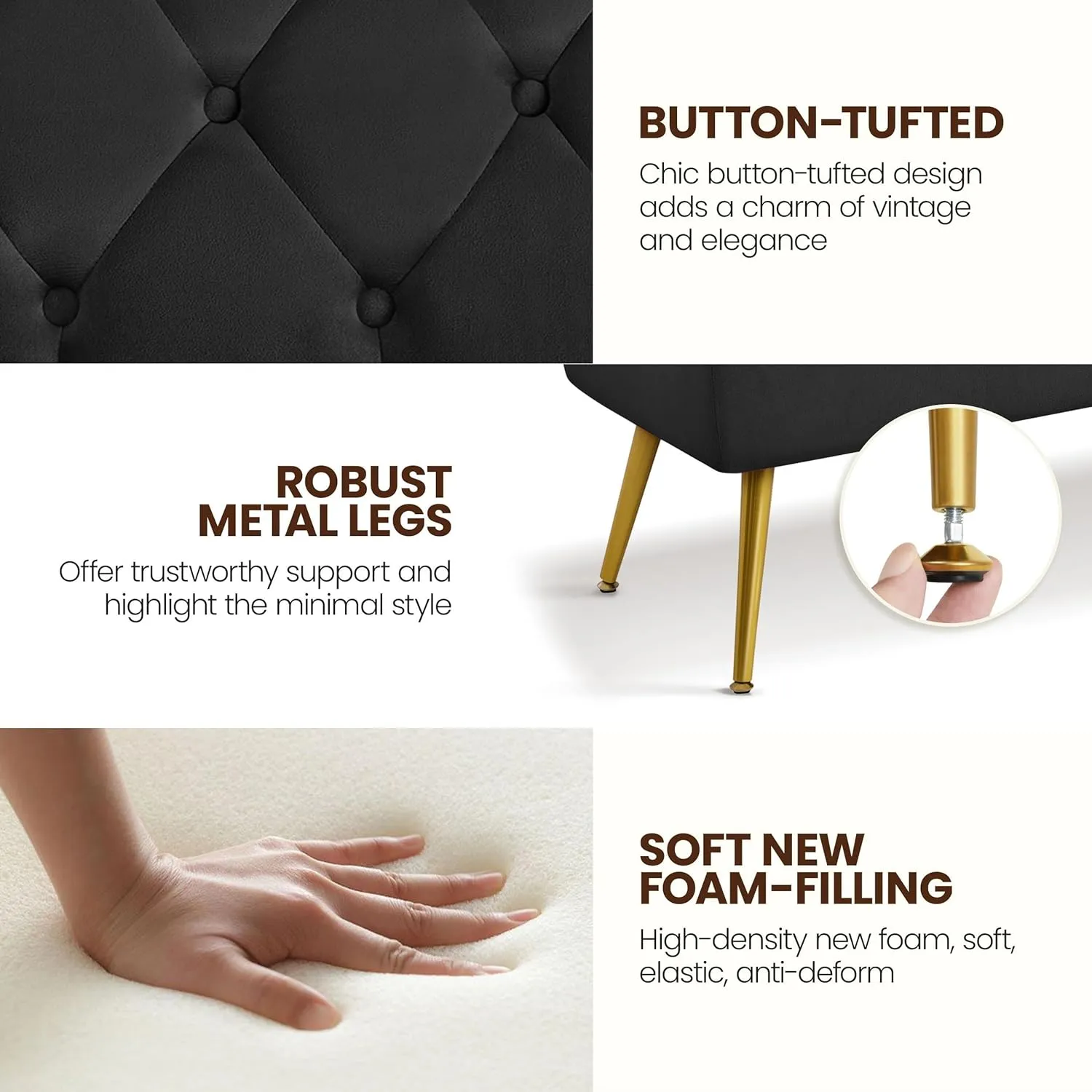 Yaheetech Modern Ottoman Bench Velvet Bench Upholstered Footrest with Gold Metal Legs and Padded Seat Black