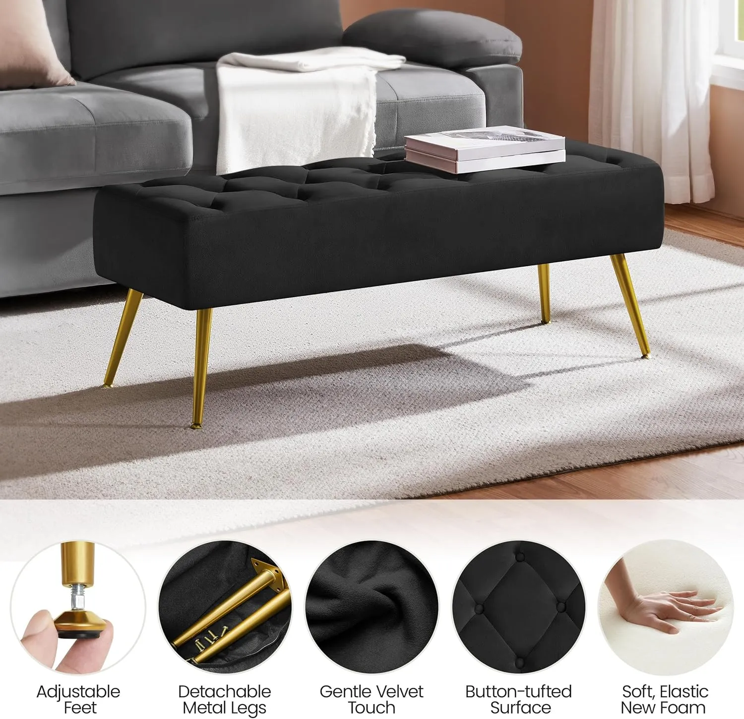 Yaheetech Modern Ottoman Bench Velvet Bench Upholstered Footrest with Gold Metal Legs and Padded Seat Black