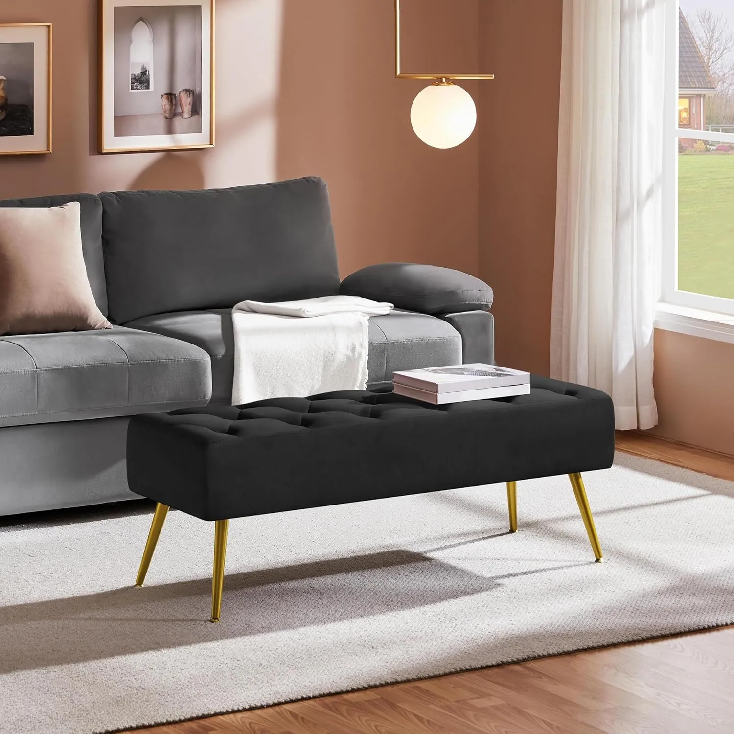 Yaheetech Modern Ottoman Bench Velvet Bench Upholstered Footrest with Gold Metal Legs and Padded Seat Black