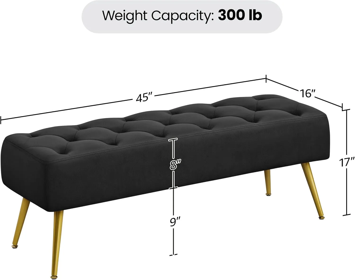 Yaheetech Modern Ottoman Bench Velvet Bench Upholstered Footrest with Gold Metal Legs and Padded Seat Black