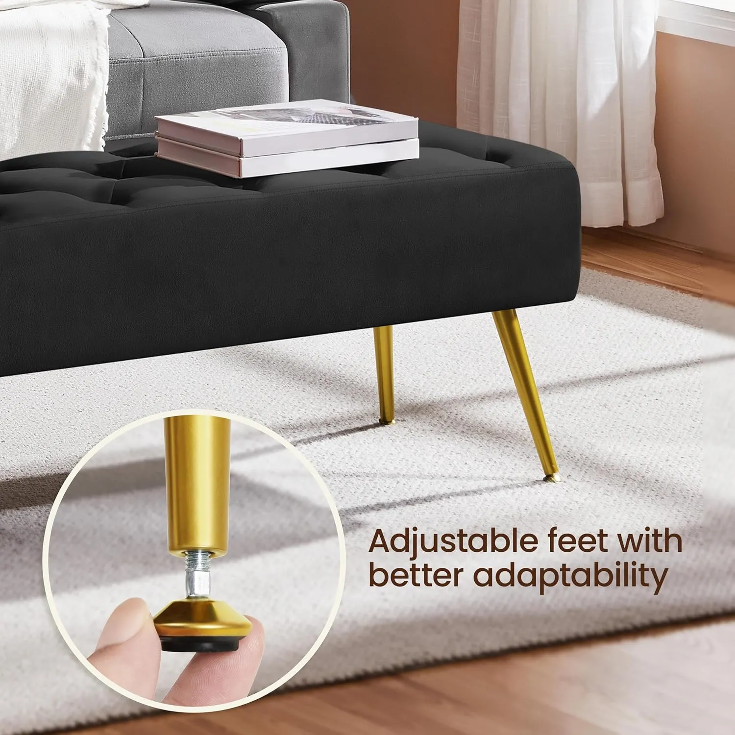 Yaheetech Modern Ottoman Bench Velvet Bench Upholstered Footrest with Gold Metal Legs and Padded Seat Black