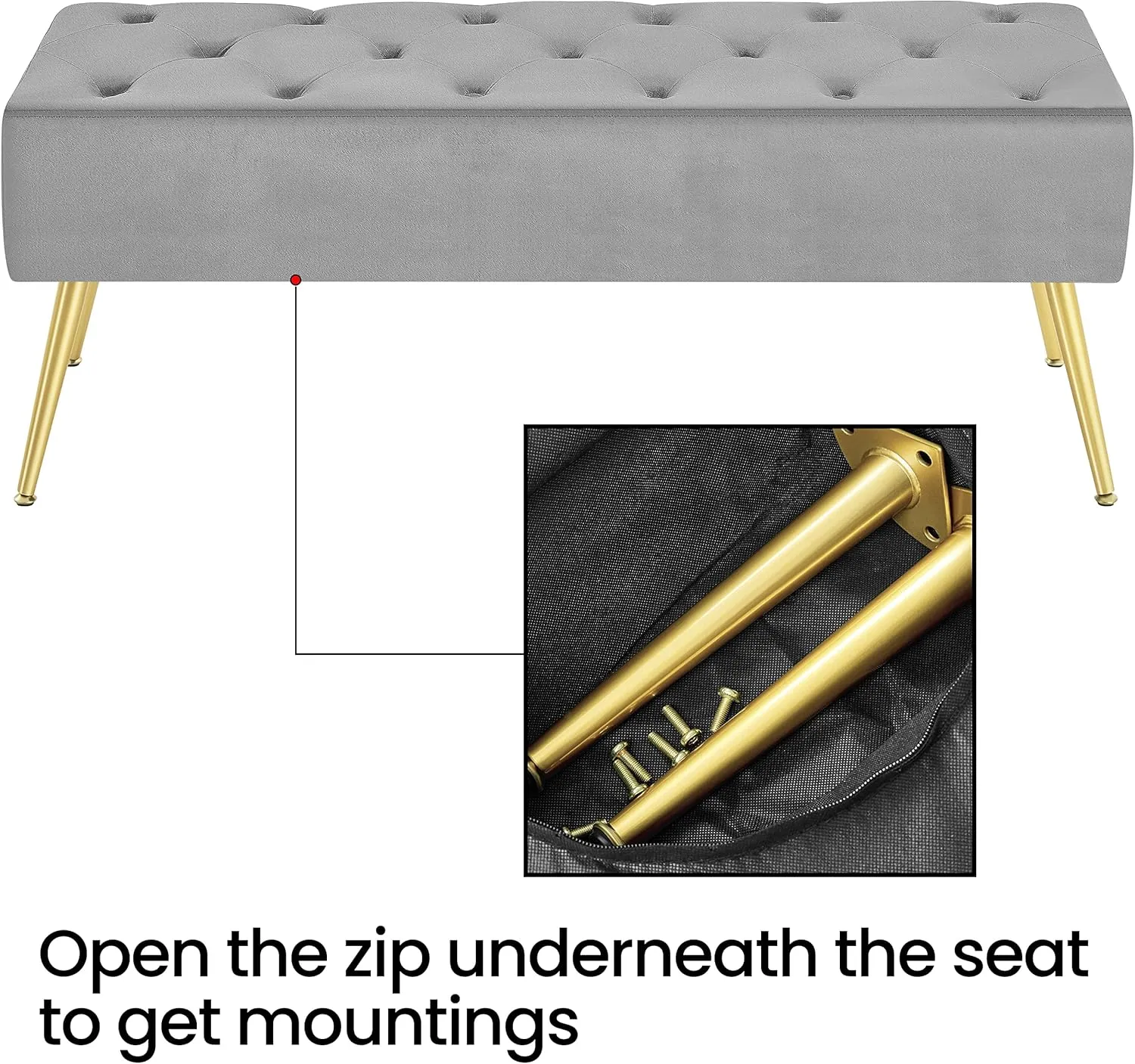 Yaheetech Modern Ottoman Bench Velvet Bench Upholstered Footrest with Gold Metal Legs and Padded Seat Gray