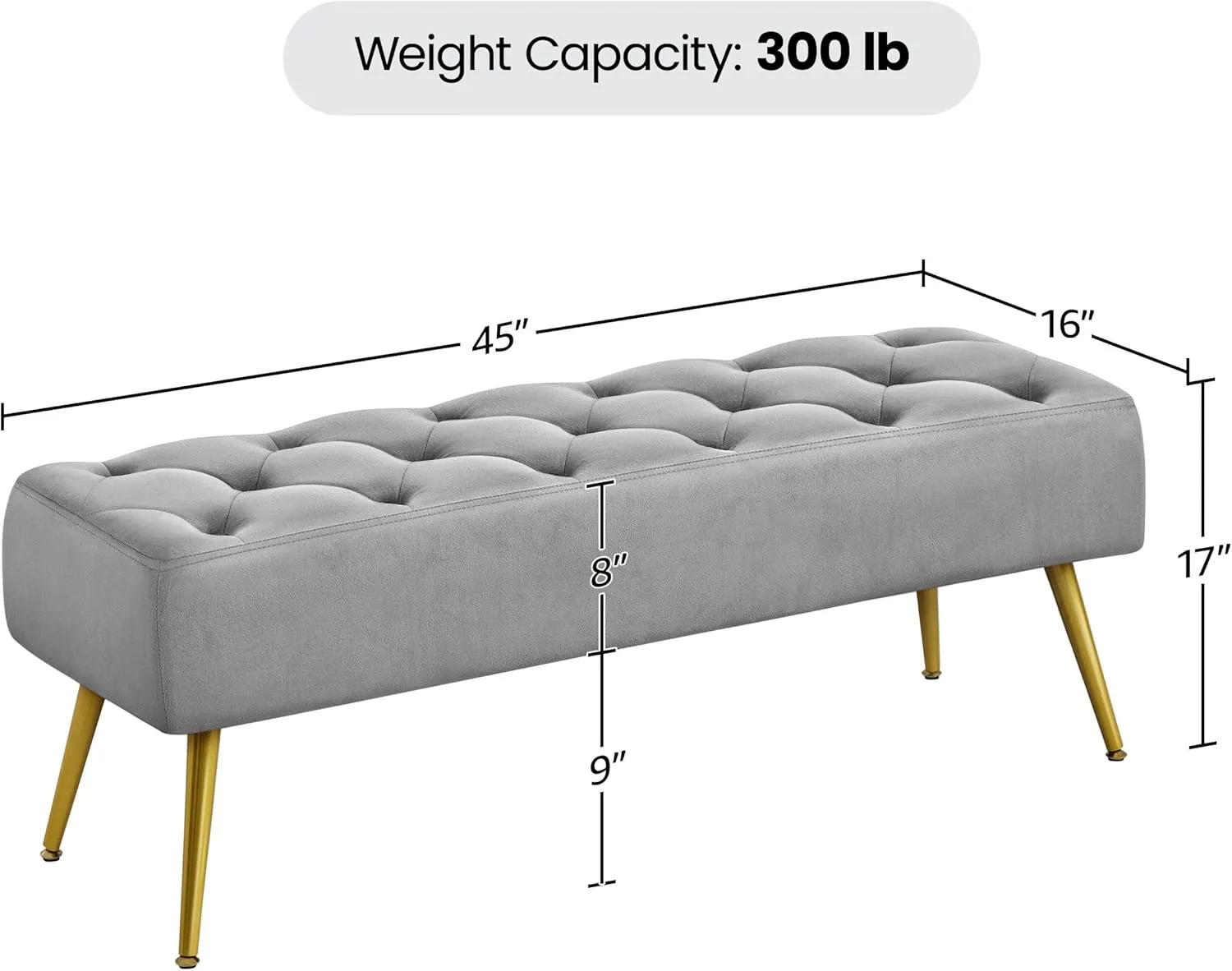 Yaheetech Modern Ottoman Bench Velvet Bench Upholstered Footrest with Gold Metal Legs and Padded Seat Gray