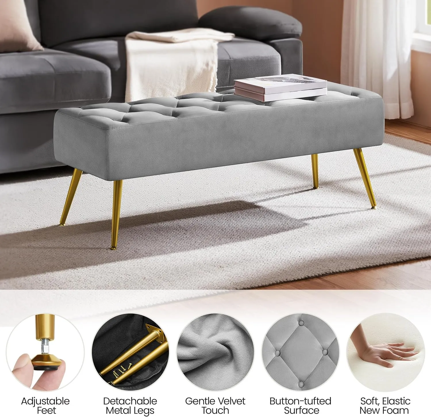 Yaheetech Modern Ottoman Bench Velvet Bench Upholstered Footrest with Gold Metal Legs and Padded Seat Gray