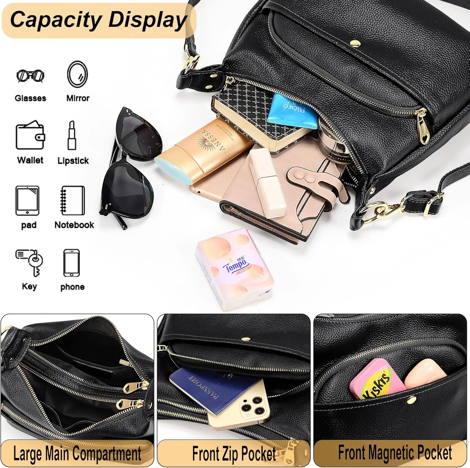 YALUXE Genuine Cowhide Leather Shoulder Bag Dual Zip Compartments Multi Pockets Fashion Handbags and Purses for Women