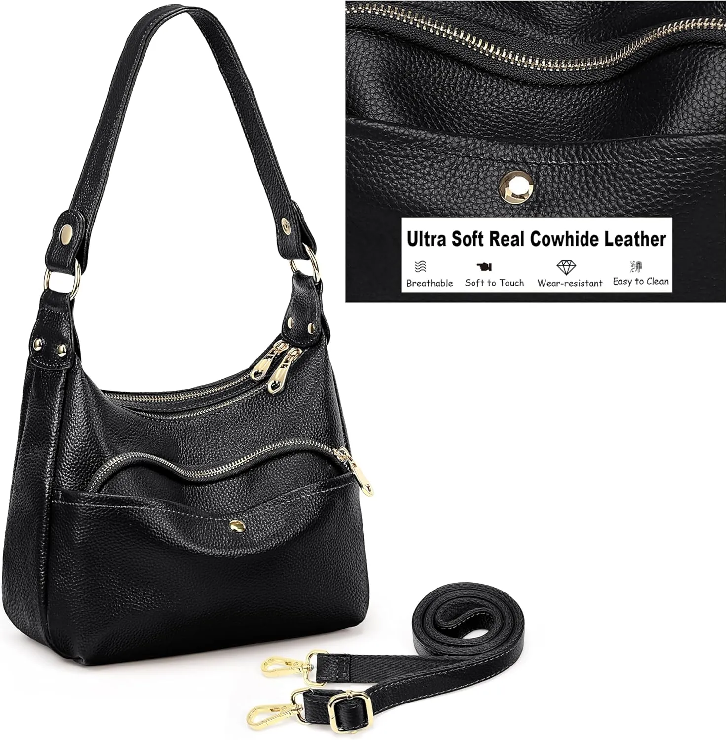 YALUXE Genuine Cowhide Leather Shoulder Bag Dual Zip Compartments Multi Pockets Fashion Handbags and Purses for Women