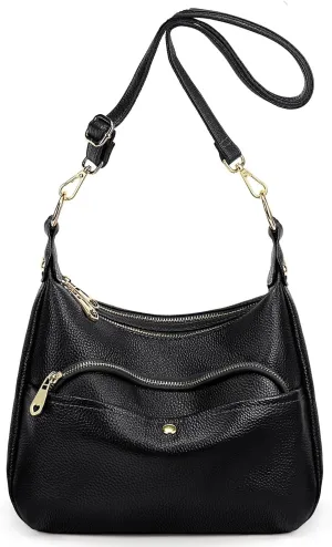 YALUXE Genuine Cowhide Leather Shoulder Bag Dual Zip Compartments Multi Pockets Fashion Handbags and Purses for Women