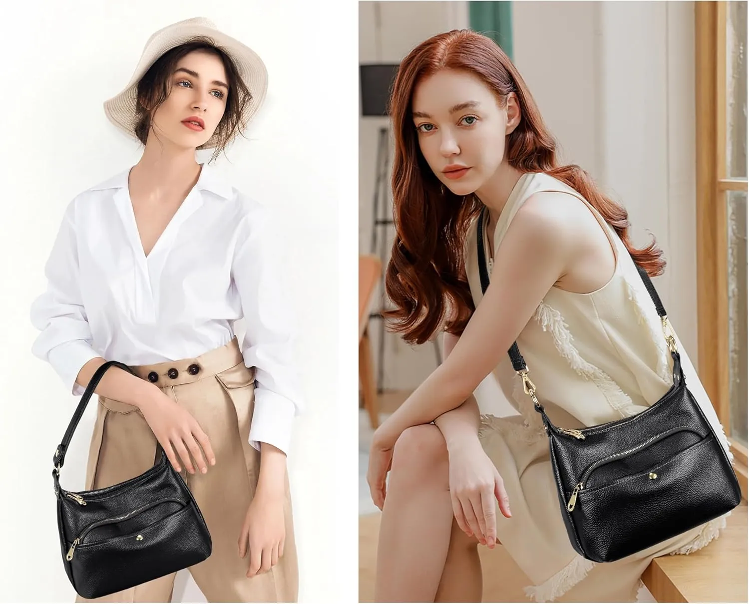 YALUXE Genuine Cowhide Leather Shoulder Bag Dual Zip Compartments Multi Pockets Fashion Handbags and Purses for Women