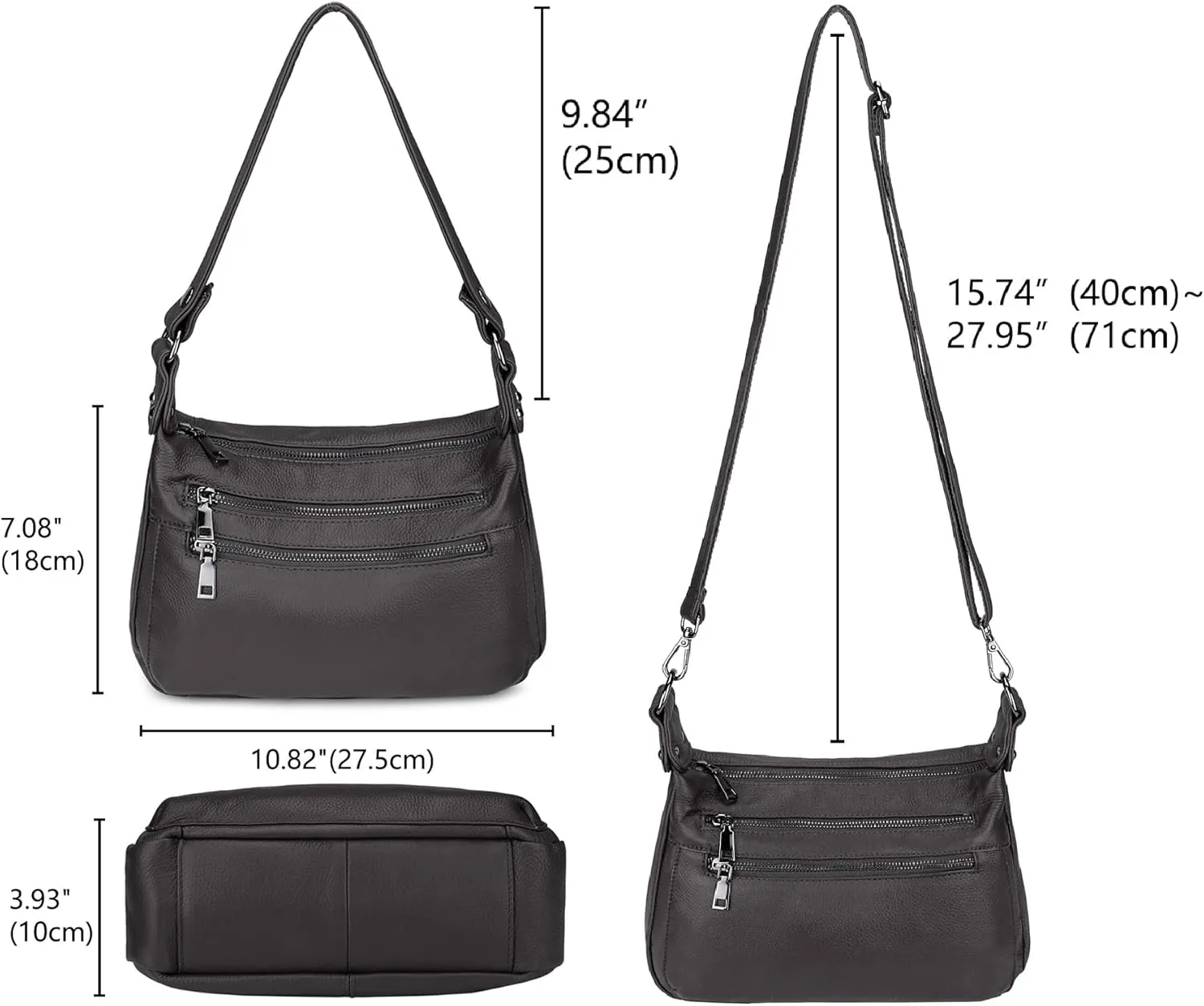 YALUXE Genuine Leather Shoulder Bag Medium Size Handbag Purse Multi Zip Pockets Crossbody Bags for Women
