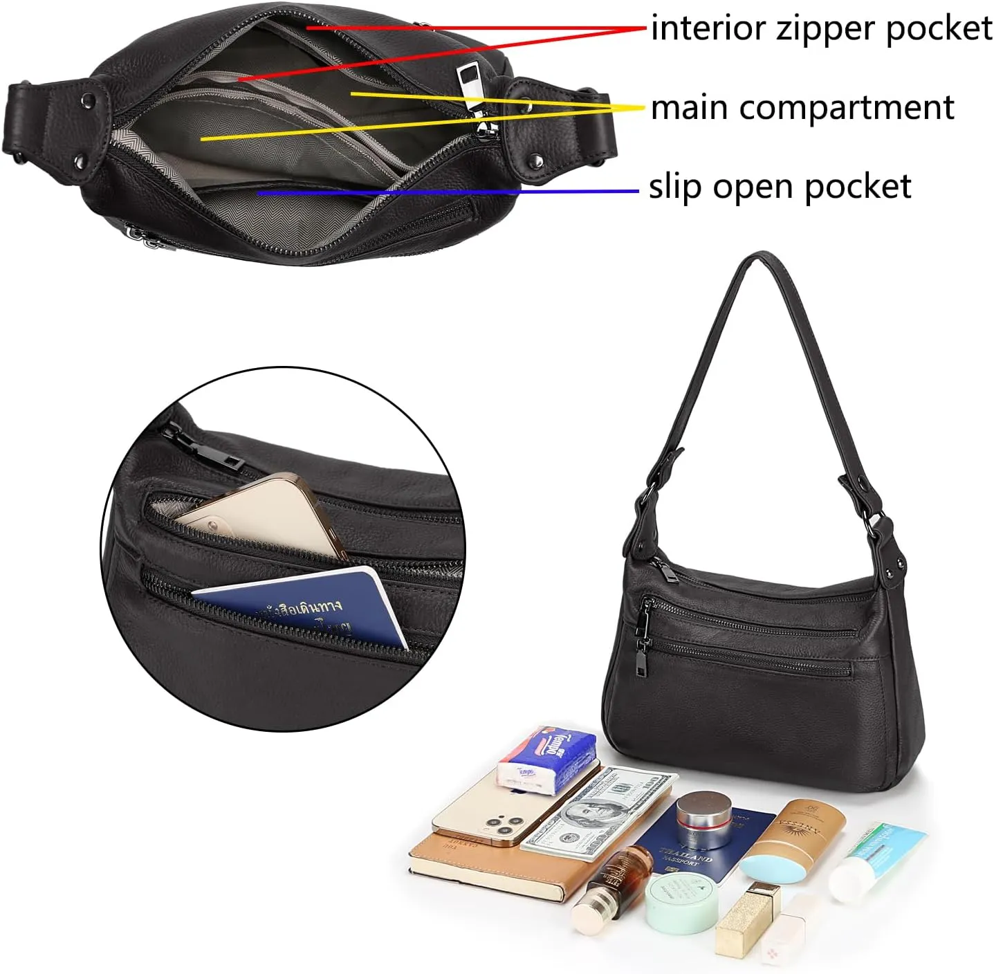 YALUXE Genuine Leather Shoulder Bag Medium Size Handbag Purse Multi Zip Pockets Crossbody Bags for Women