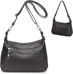 YALUXE Genuine Leather Shoulder Bag Medium Size Handbag Purse Multi Zip Pockets Crossbody Bags for Women
