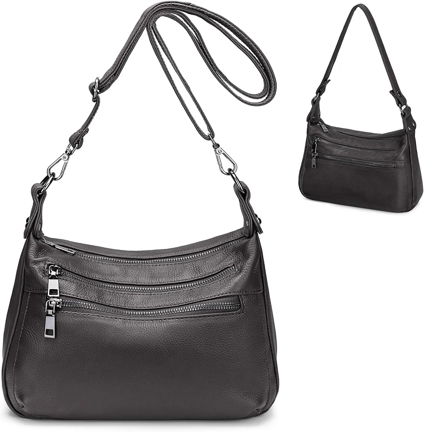 YALUXE Genuine Leather Shoulder Bag Medium Size Handbag Purse Multi Zip Pockets Crossbody Bags for Women