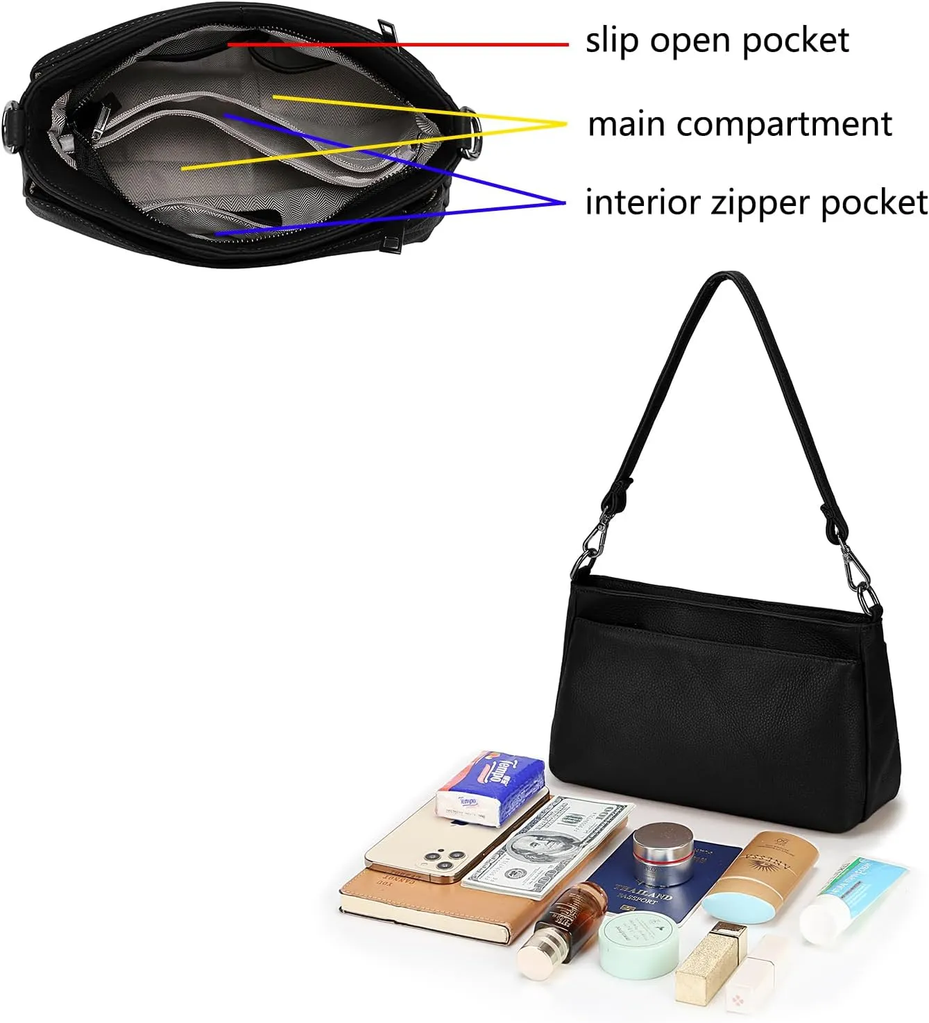 YALUXE Women's Real Leather Shoulder Bag Medium Size Handbag Purse with Multi Zip Pockets