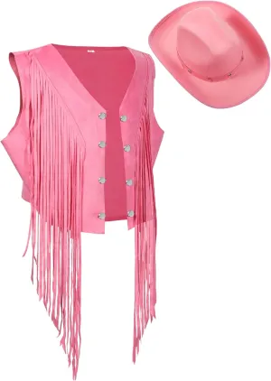 Yaomiao 70s Hippie Womens Fringe Vest Western Felt Cowgirl Hat Cowgirl Costume Rivets Sleeveless Faux Suede Tassels Jacket