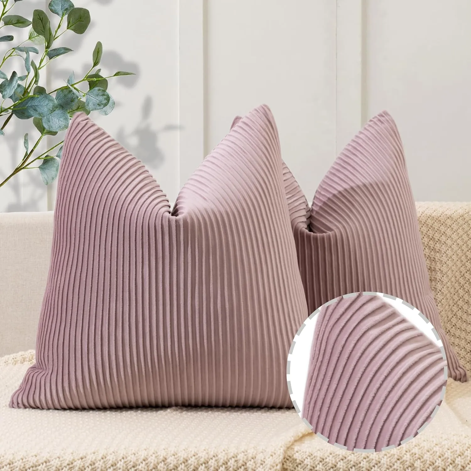 YCOLL Dusty Pink Pillow Covers 18x18 Set of 2 Velvet Striped Pattern - Soft Throw Pillows for Home Decor, Luxury Decorative Pillow Covers for Couch, Bed,Living Room