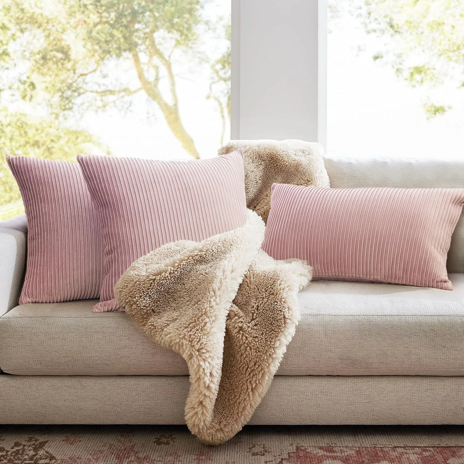 YCOLL Dusty Pink Pillow Covers 18x18 Set of 2 Velvet Striped Pattern - Soft Throw Pillows for Home Decor, Luxury Decorative Pillow Covers for Couch, Bed,Living Room