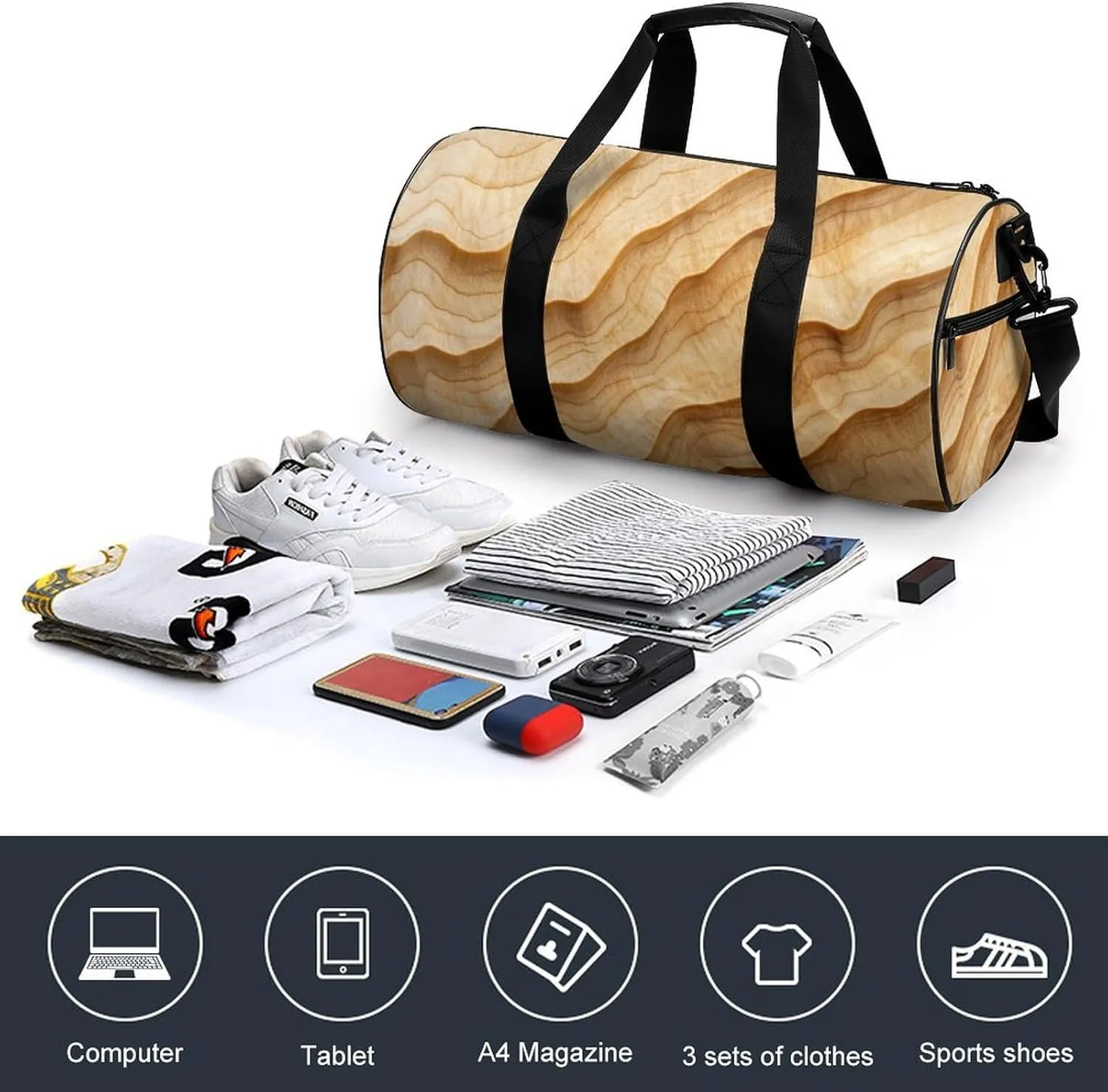 Yellow Birch Wood Grain Texture Travel Gym Bag for Women Men Cylindrical Duffle Bag Sport Workout Bag with Shoulder Strap