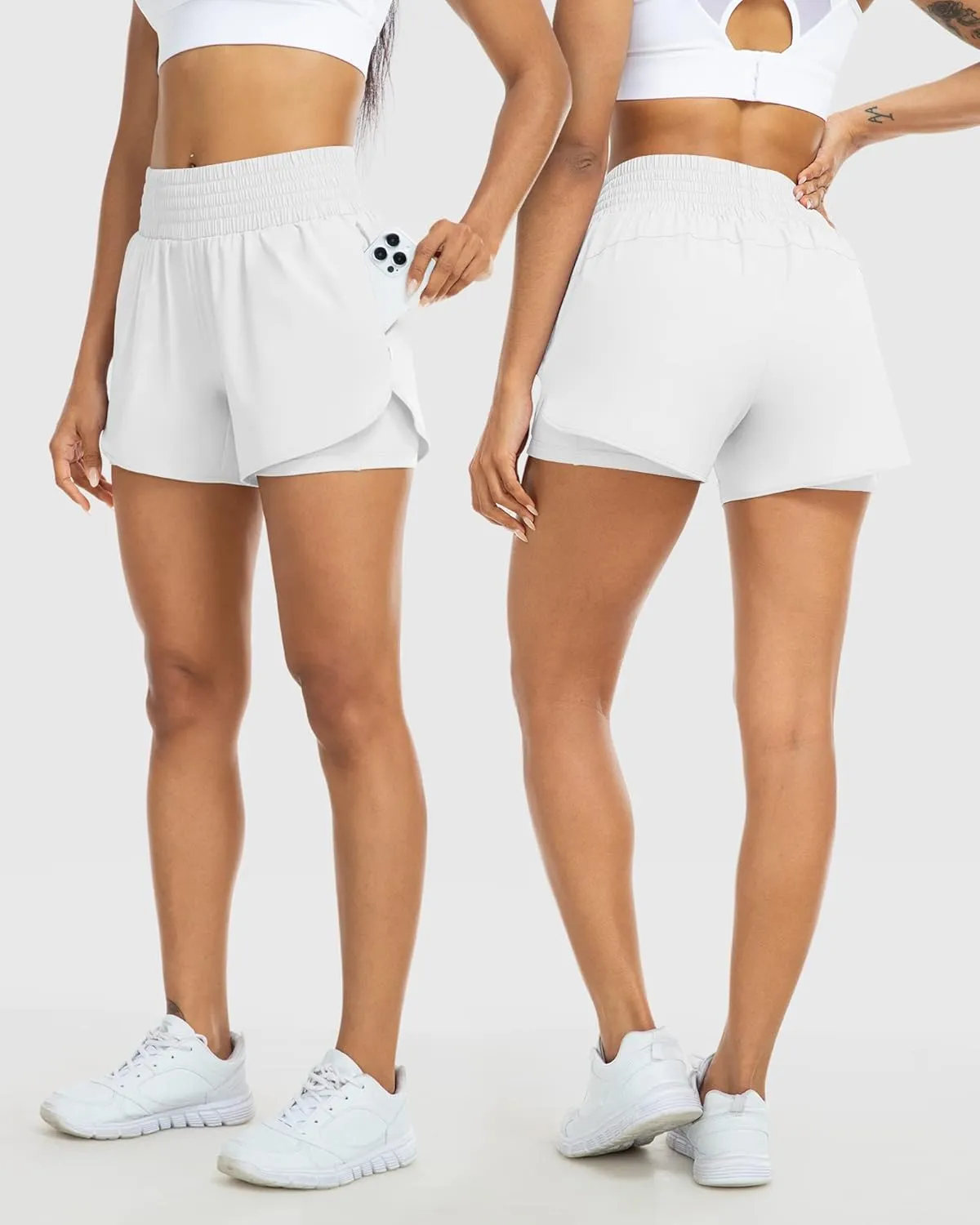 YEZII Womens High Waist Running Shorts Athletic Workout Quick Dry Shorts for Women with Pockets Gym Yoga White Summer Shorts