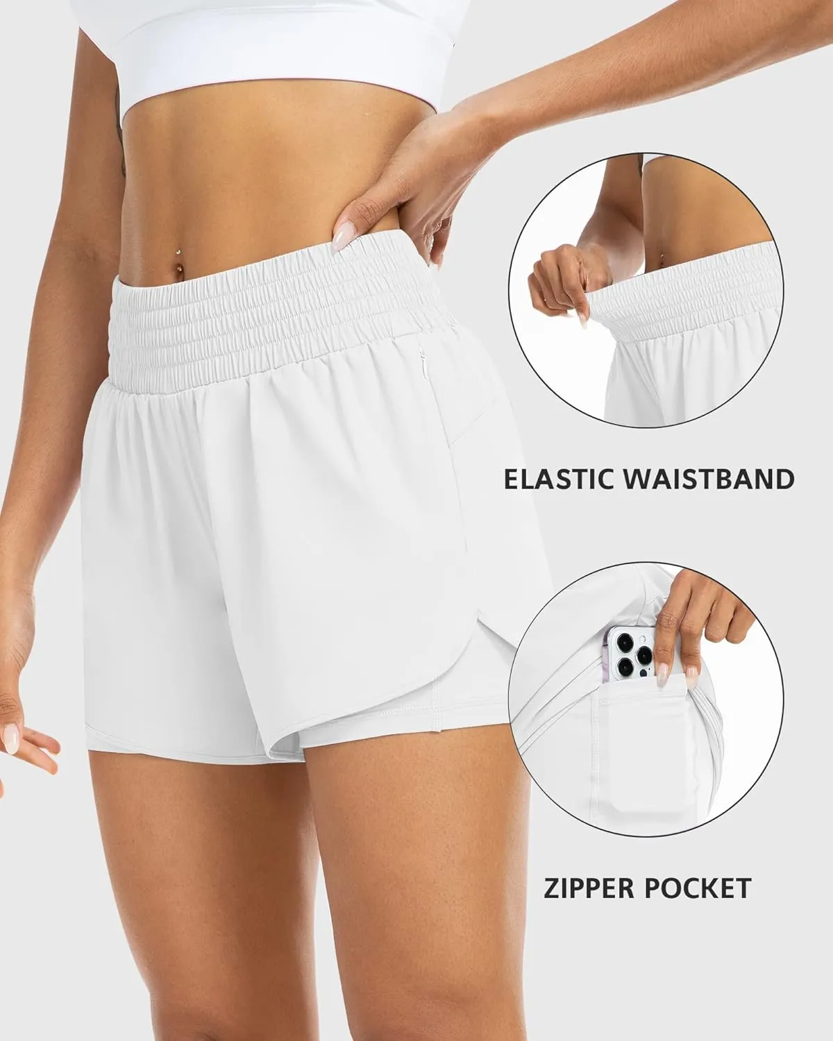 YEZII Womens High Waist Running Shorts Athletic Workout Quick Dry Shorts for Women with Pockets Gym Yoga White Summer Shorts