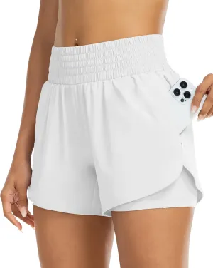 YEZII Womens High Waist Running Shorts Athletic Workout Quick Dry Shorts for Women with Pockets Gym Yoga White Summer Shorts