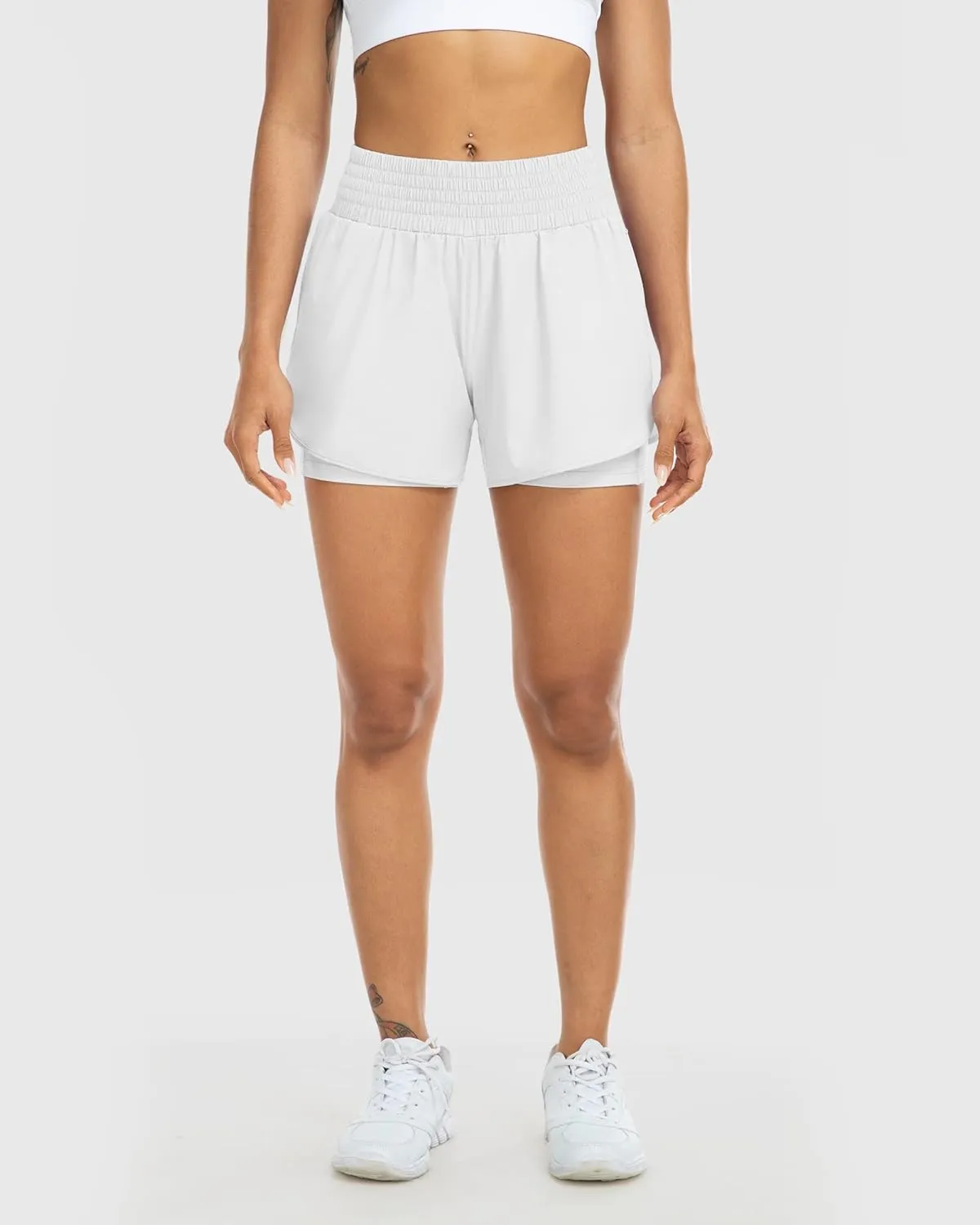 YEZII Womens High Waist Running Shorts Athletic Workout Quick Dry Shorts for Women with Pockets Gym Yoga White Summer Shorts