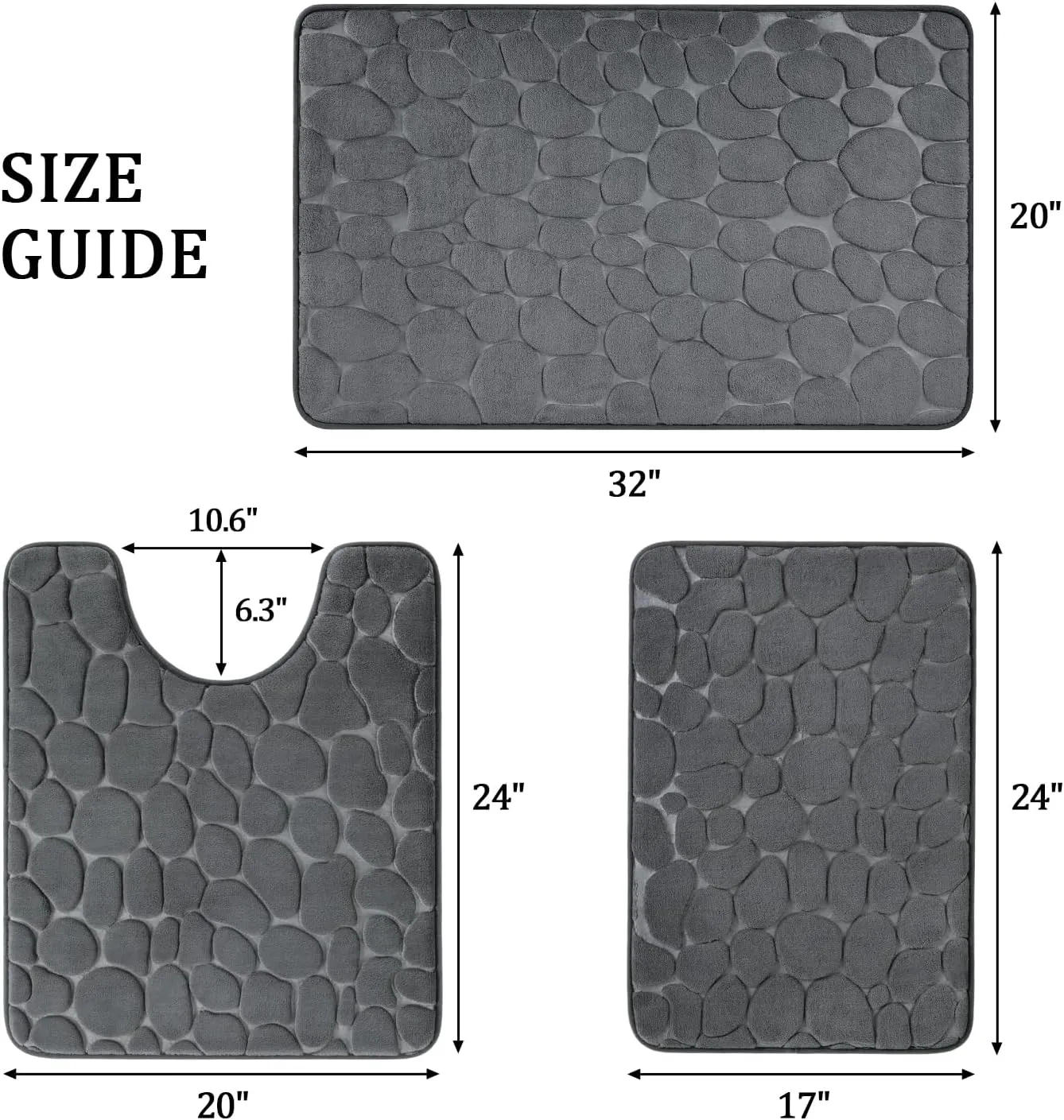 YIHOUSE Bathroom Rugs Sets 3 Piece, Cobblestone Memory Foam Bathroom Mats Set Extra Thick, Non Slip Bath Mats for Bathroom, Water Absorbent, Washable Dark Grey Bath Rugs for Tub, Toilet and Floor